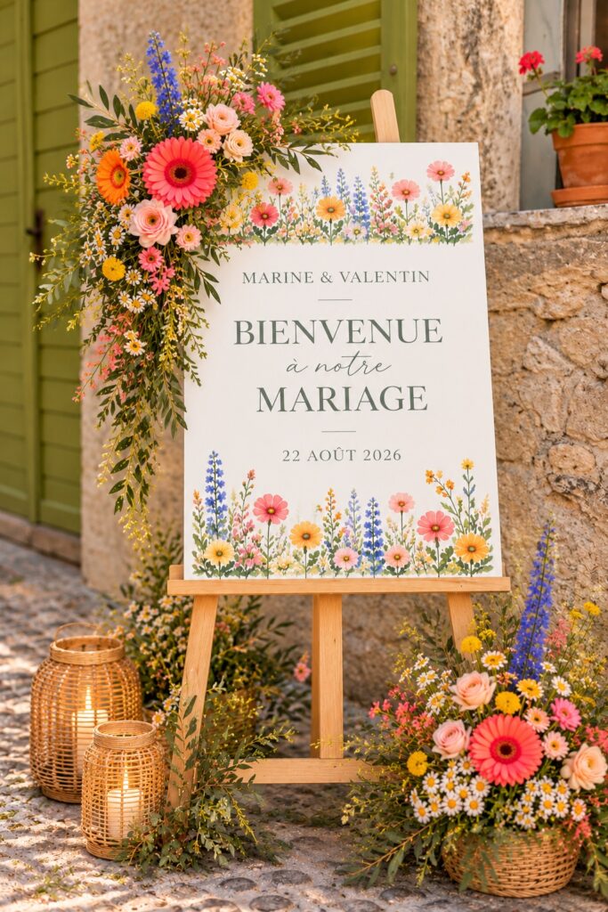 decoration mariage à la ferme de gy mariage champêtre et colorée décoration florale d'un panneau de bienvenue