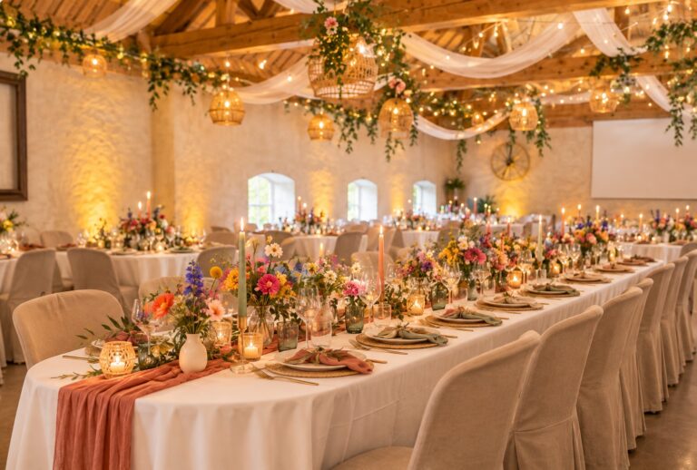 decoration d'un mariage à la ferme de gy, décoration de la grange du diner avec du voilage et du feuillage et une décoration colorée pour le diner
