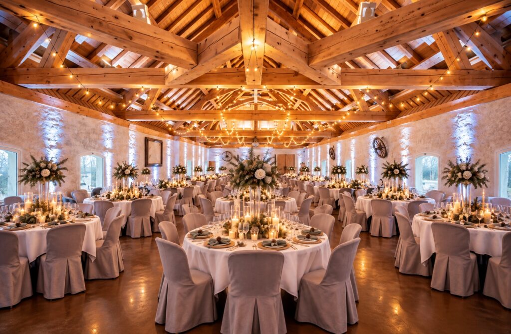 decoration mariage à la ferme de gy décoration thème hiver sur les tables et la salle du diner