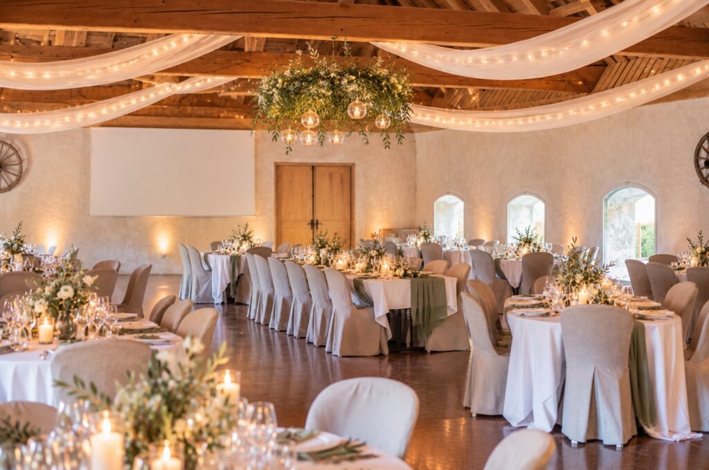 decoration mariage à la ferme de gy decoration sur le thème de l'oliveraie avec du feuillage, des drapées blancs