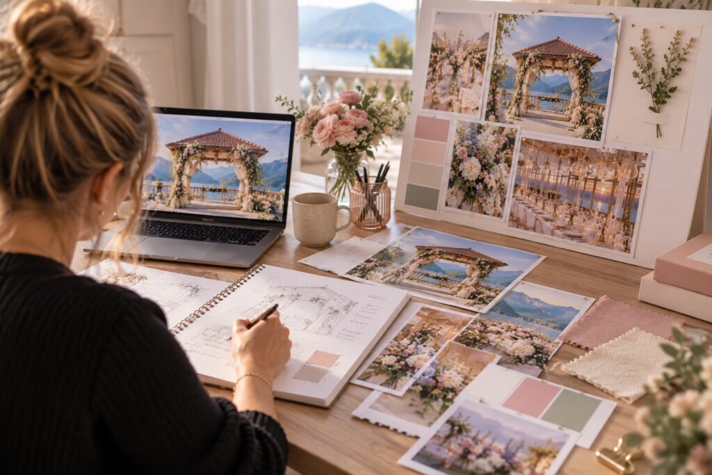 décorateur mariage Haute Savoie, préparation d'une décoration de mariage mood board