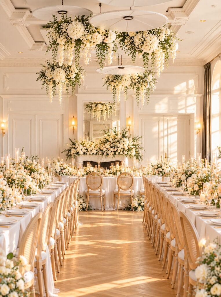 decoration du diner d'un mariage au palace de menthon saint bernard