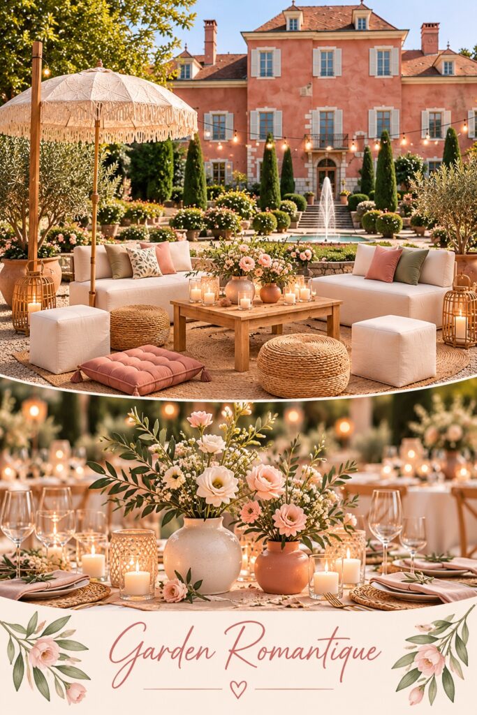 location décoration de mariage Annecy et en Haute Savoie thème garden romantique : centre de table et mobilier décoration
