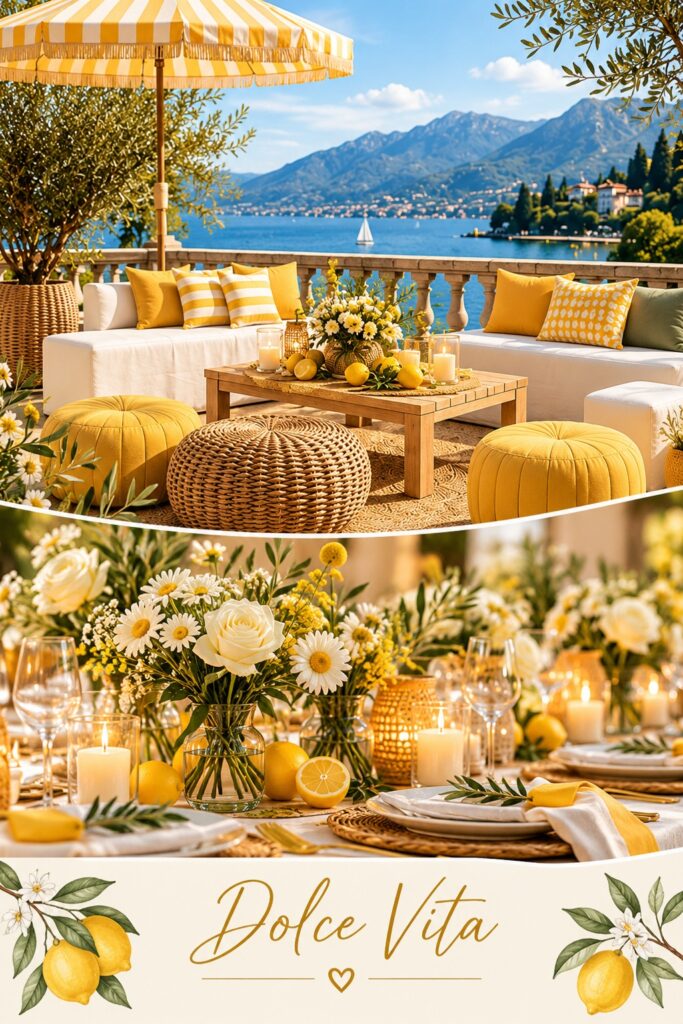 location décoration mariage Haute Savoie et Annecy location centre de table dolce vita et mobiliers décoration blanc et jaune